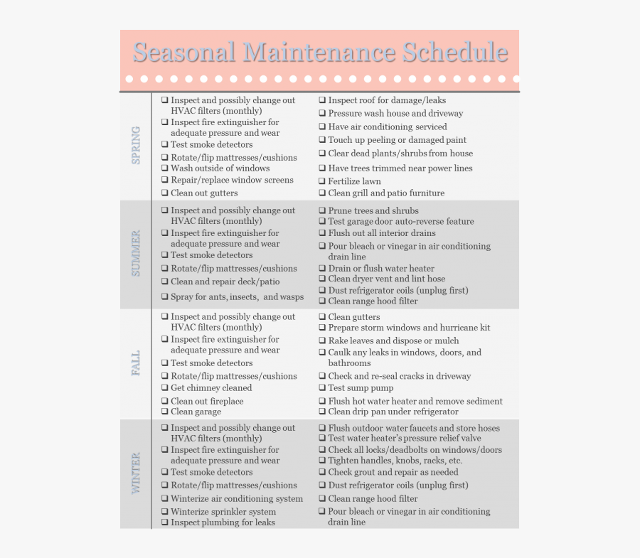 Schedule Clipart Daily Checklist - Seasonal Home Maintenance Checklist Printable, Transparent Clipart