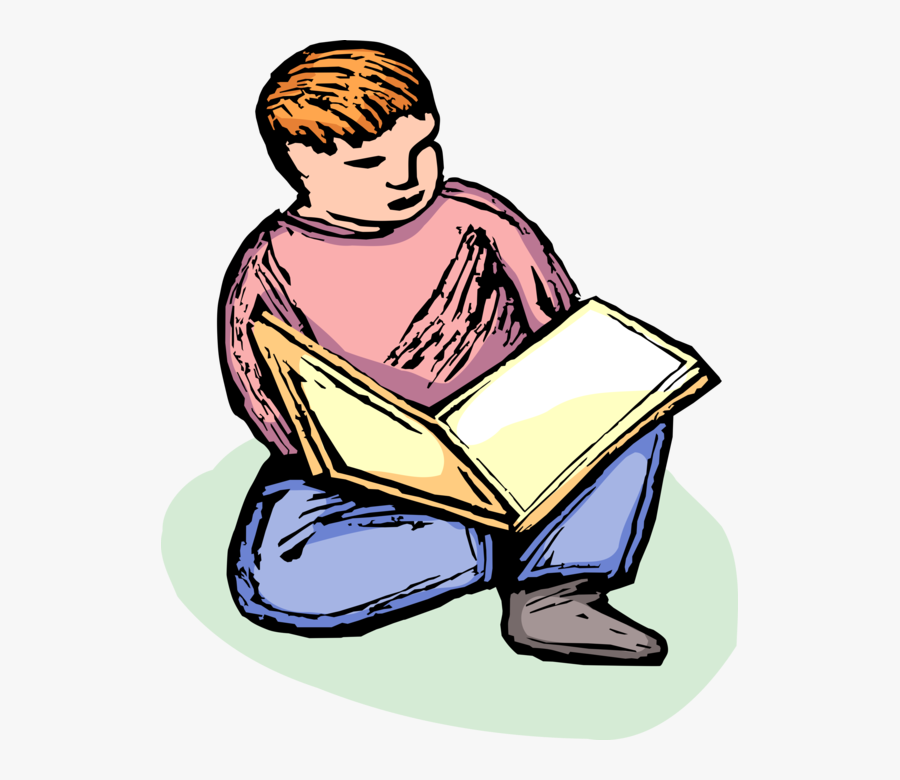 Vector Illustration Of Young Boy Learning To Read Book - Sitting, Transparent Clipart