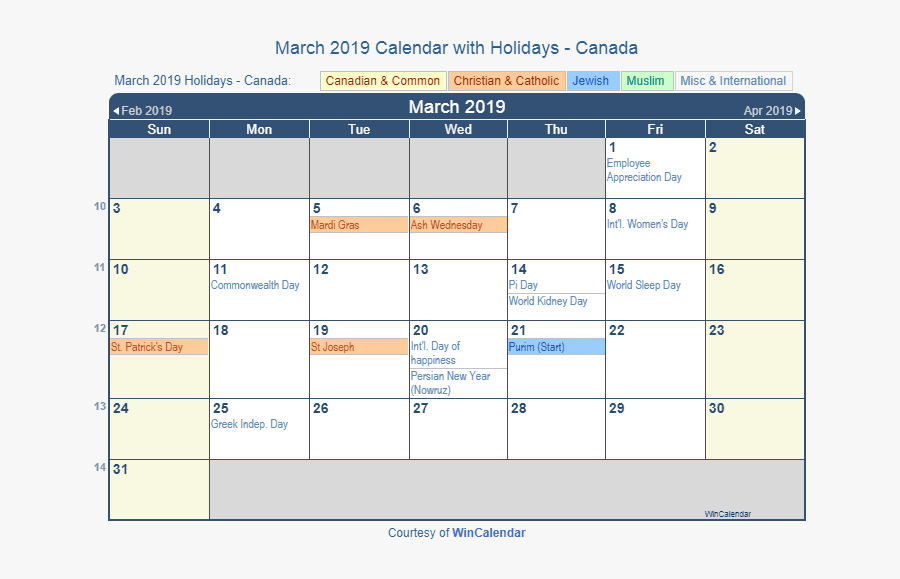 March 2019 Calendar With Holidays Canada - March 2019 Holiday Calendar, Transparent Clipart
