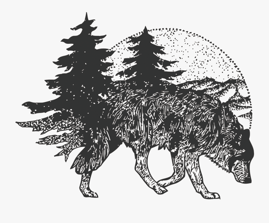 T-shirt Tattoo Vector Wolf Forest Free Frame Clipart - Drawing Wolf And Forest, Transparent Clipart