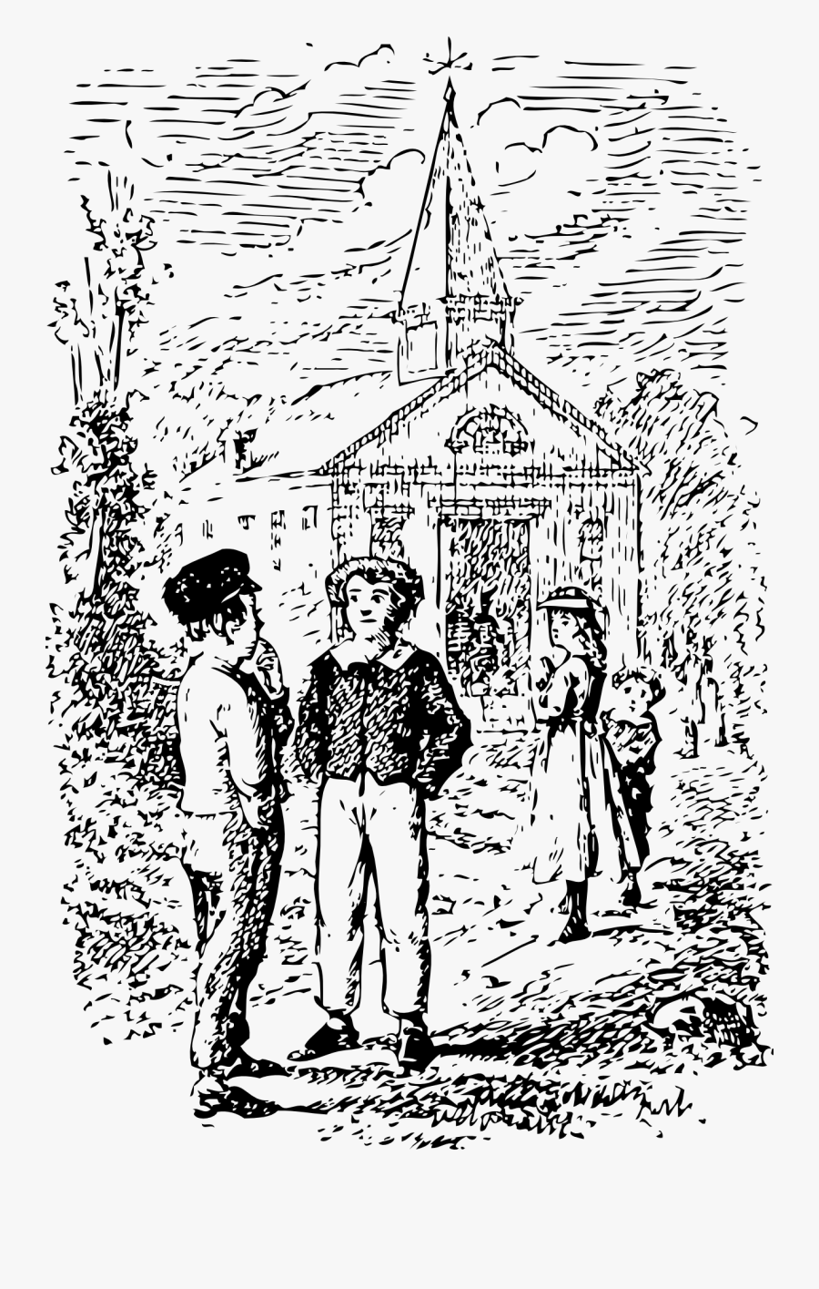 Church Black White Line Art 555px - Tom Sawyer At Sunday School, Transparent Clipart