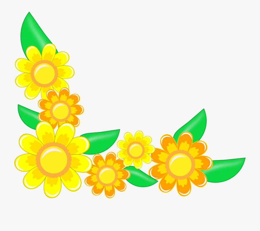 Corner, Border, Flowers, Orange, Yellow, Green, Petals - Sunflower, Transparent Clipart
