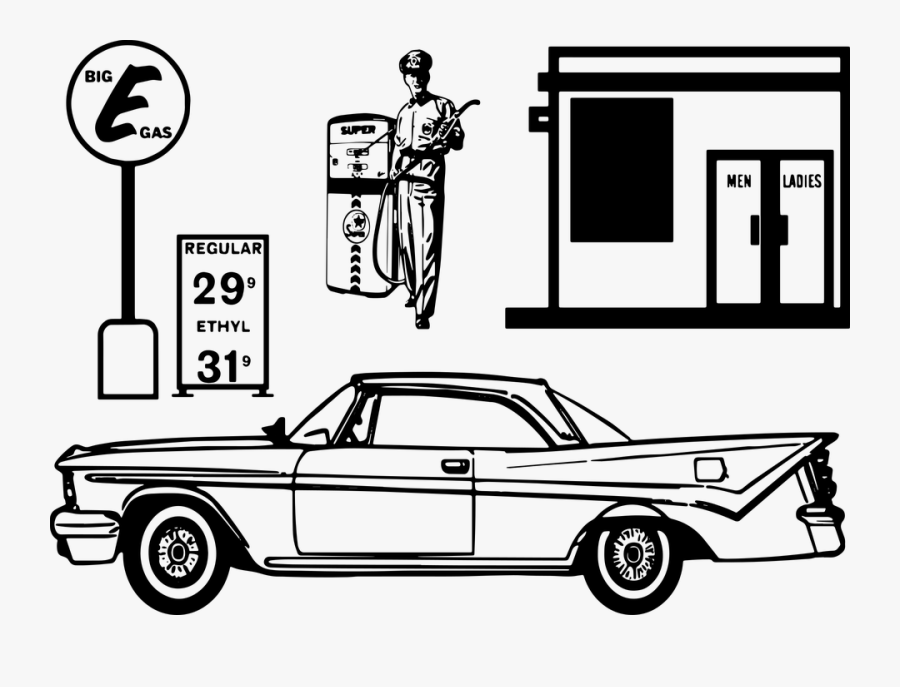 Retro Gas Station, Retro Car, Man Pumping Gas, Retro - Never Shout Never Album Cover, Transparent Clipart