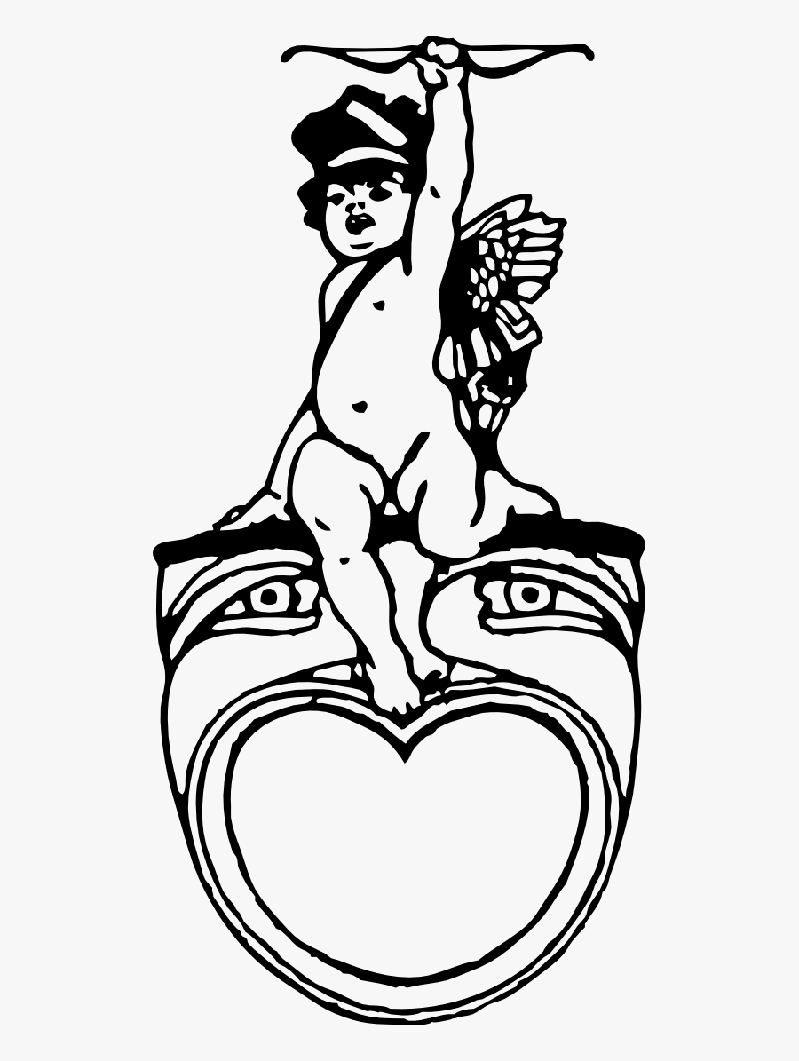 Cupid Raises Bow Black White Line Art 555px - Cupid Illustration Vintage, Transparent Clipart