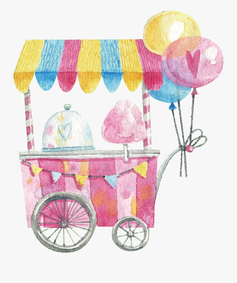 Cart Watercolor Candy Cotton Lollipop Hand-painted - Watercolor Cotton Candy Png, Transparent Clipart