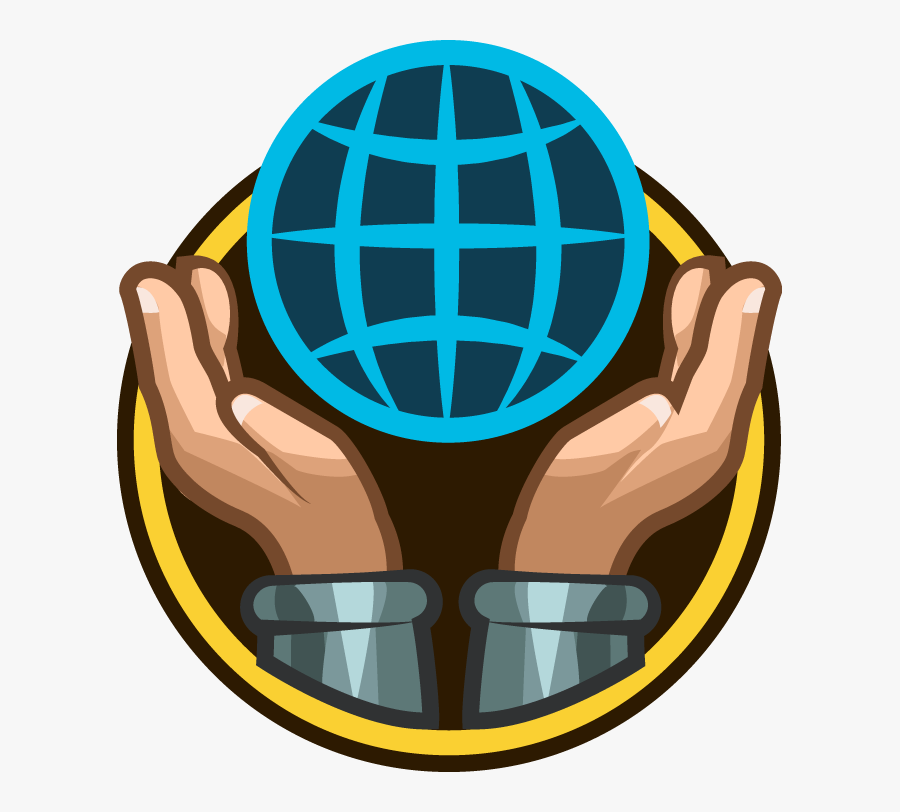 Cartoon Hands Holding World Drawn As A Blue Network - Black Universal World Symbol, Transparent Clipart