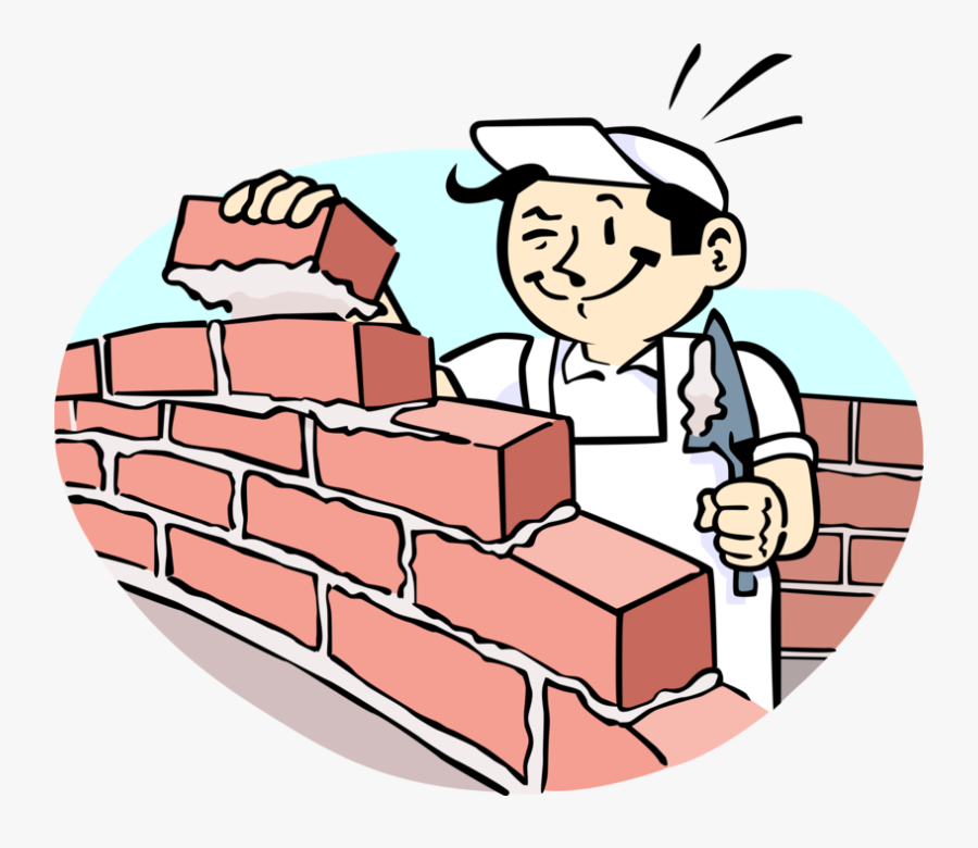 Vector Illustration Of Mason Bricklayer Builds Masonry - Cartoon Of Building A House, Transparent Clipart