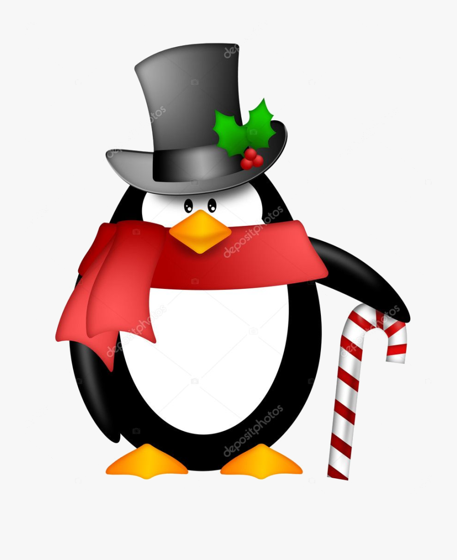 Candy Cane Cute Cartoon Penguin With Top Hat Red Scarf - Penguin With Candy Cane, Transparent Clipart