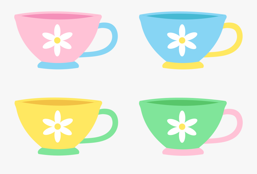 Set Of Four Cute Pastel Tea Cups - Alice In Wonderland Tea Cups Clipart, Transparent Clipart