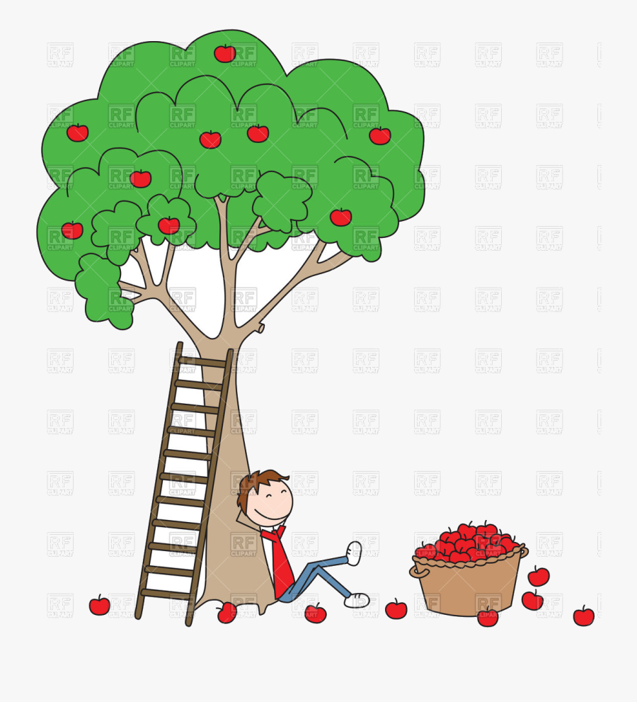 Apple Tree Cartoon Boy Sitting Under With Basket Full - Boy Sitting Under The Tree, Transparent Clipart