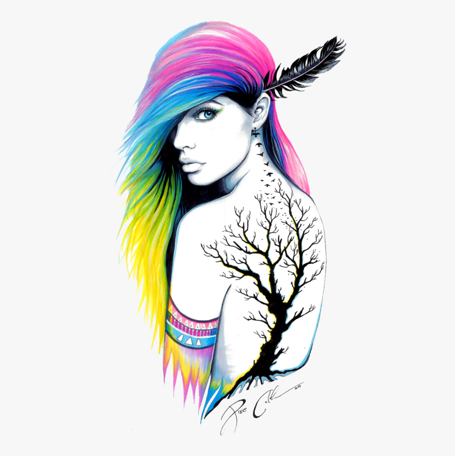 #tattoo #rainbow #lady #women #indian #feather - Pixiecold Art, Transparent Clipart
