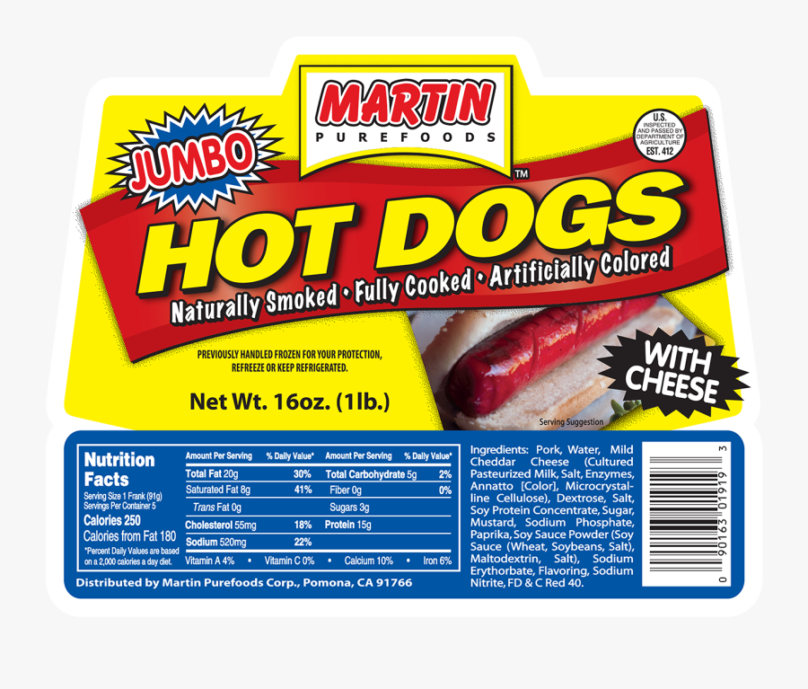 Transparent Hotdogs Clipart - Martin Hot Dogs With Cheese, Transparent Clipart