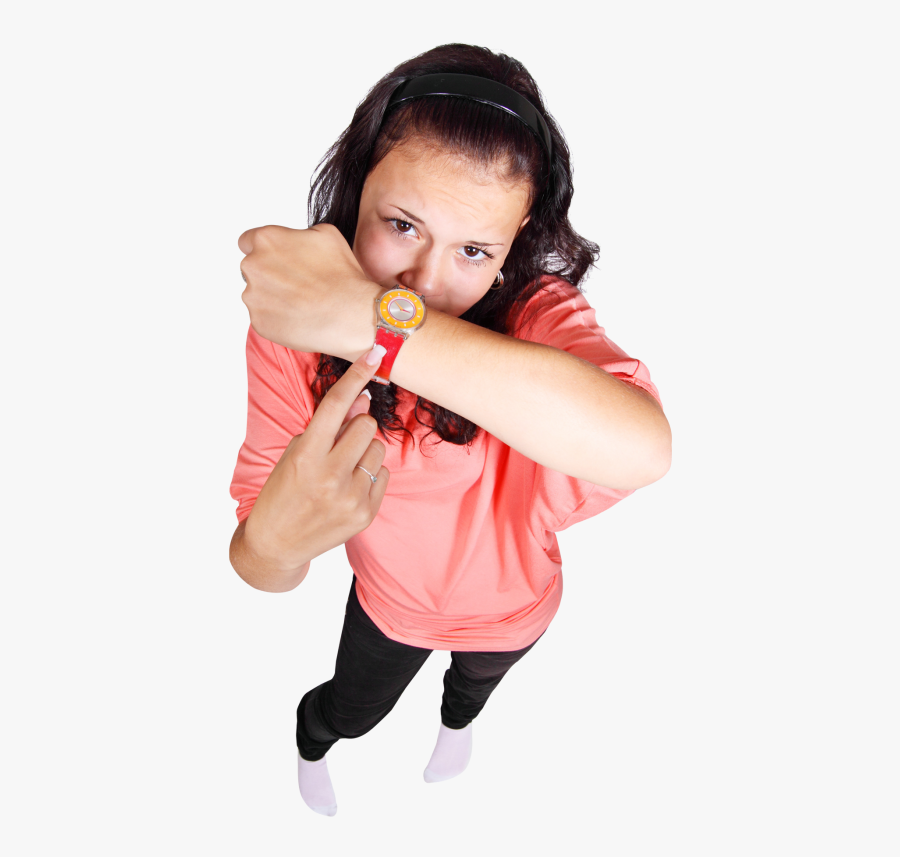 Happy Young Girl Pointing Finger At Her Watch Png Image - Girl With Watch Png, Transparent Clipart