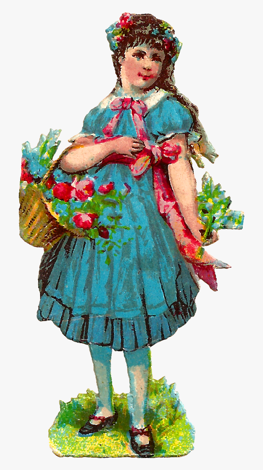 Flower Basket Girl Victorian Fashion Digital Clipart - Girl, Transparent Clipart