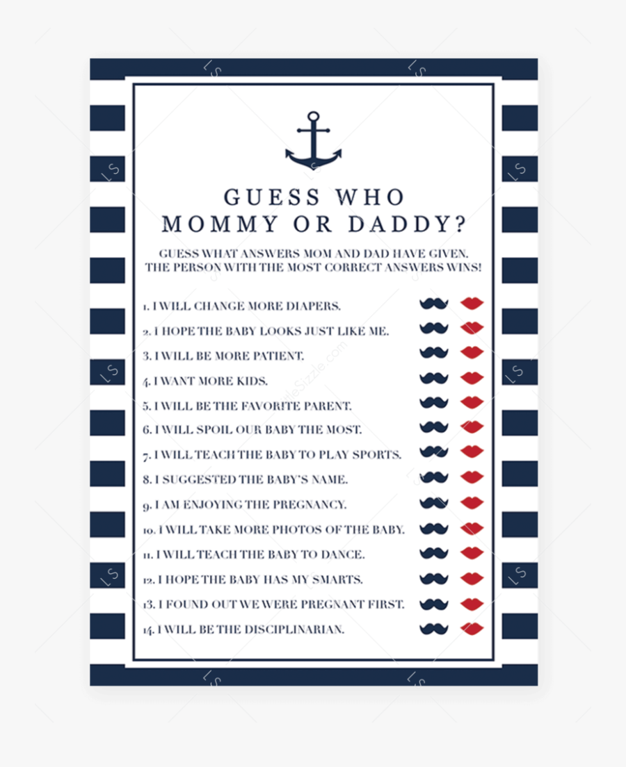 Mommy Or Daddy Quiz For Nautical Baby Shower By Littlesizzle - Would She Rather Baby Shower Game, Transparent Clipart