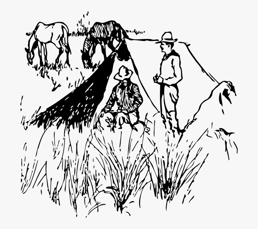 Cowboys, Camping, Horses, Range, Camp - Line Drawing Cowboy Camp, Transparent Clipart