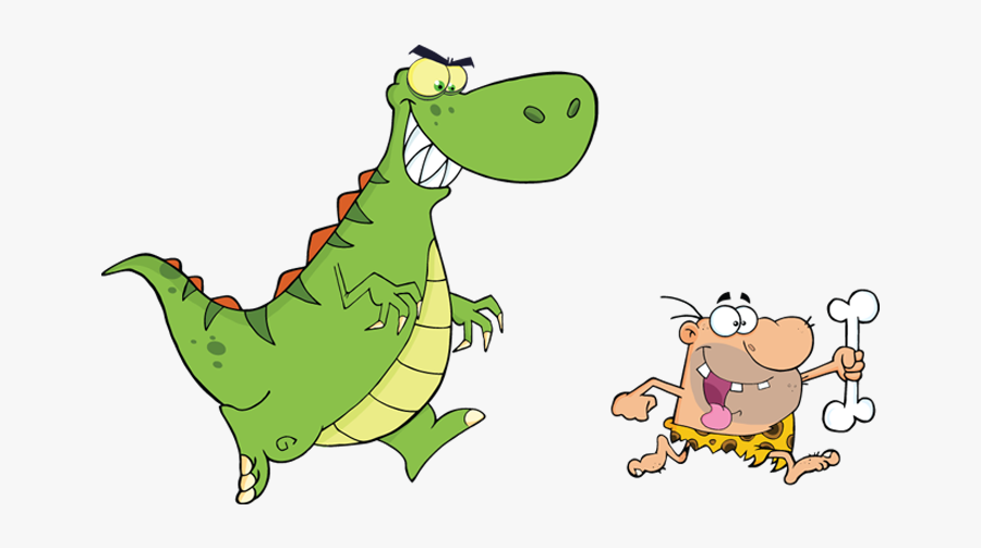 Angry Dinosaur Chasing A Caveman Vector Humor Mascot - Homens Das Cavernas E Dinossauros, Transparent Clipart