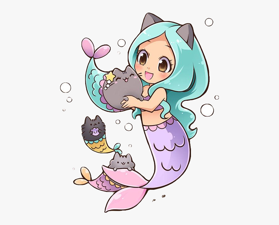 #mermaid #pusheen #cute #sea #fantasy #freetoedit - Dibujos De Sirenas Kawaii, Transparent Clipart