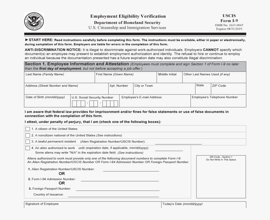 I-9 Verification - Blank Printable I9 Form, Transparent Clipart