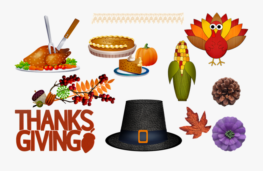 Thanksgiving Pilgrim Hat Corn Pumpkin Pie Flowers - Vector Food, Transparent Clipart