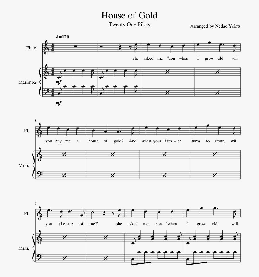 House Of Gold Sheet Music Composed By Arranged By Nedac - Wish You Were Gay Flute Sheet Music, Transparent Clipart