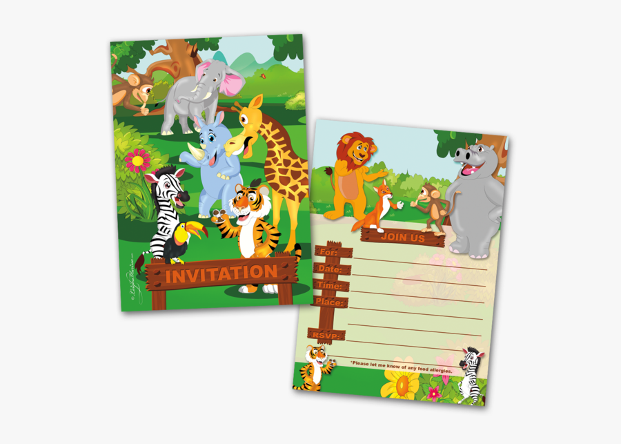 20 Kids Party Invitation Cards Jungle Animals Themed - Jungle Theme Birthday Invitation Card, Transparent Clipart