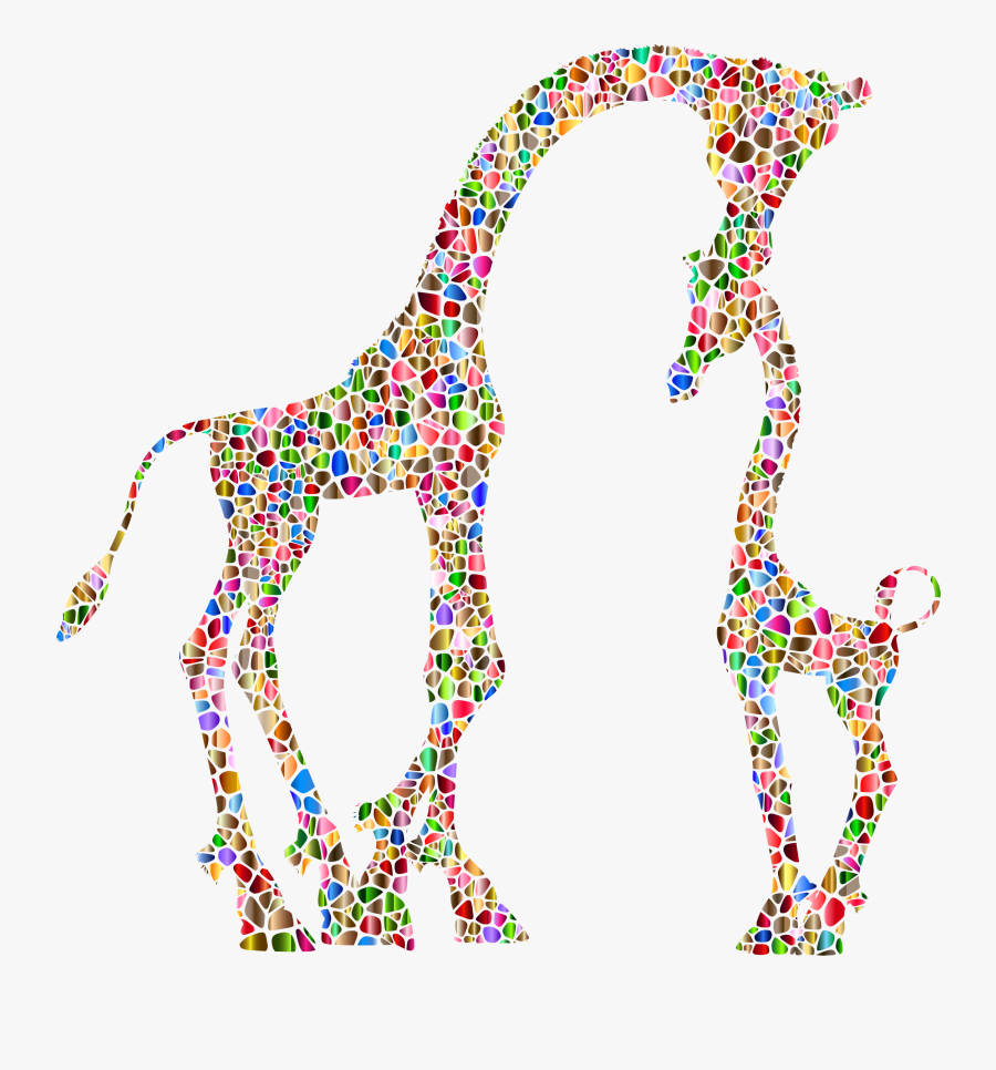 Polychromatic Tiled Mother And Child Giraffe Silhouette - Clip Art Mom And Baby Giraffe, Transparent Clipart