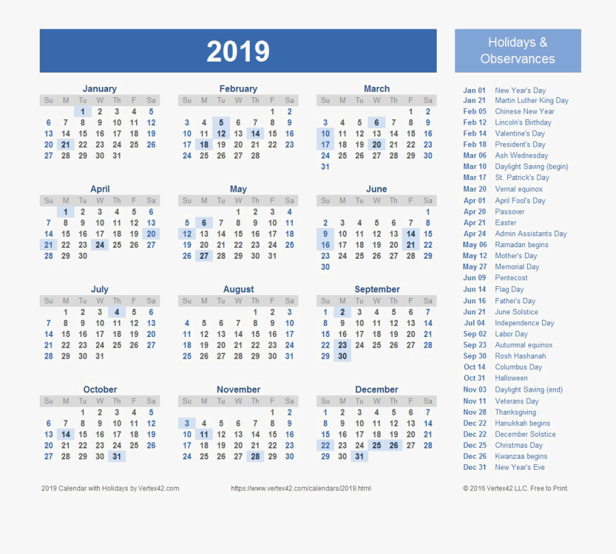 19 Calendar Png Hd Free Printable Calendar With Holidays Free Transparent Clipart Clipartkey