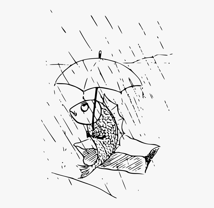 Fish With Umbrella Black White Line Art 555px - Fish Holding Umbrella, Transparent Clipart