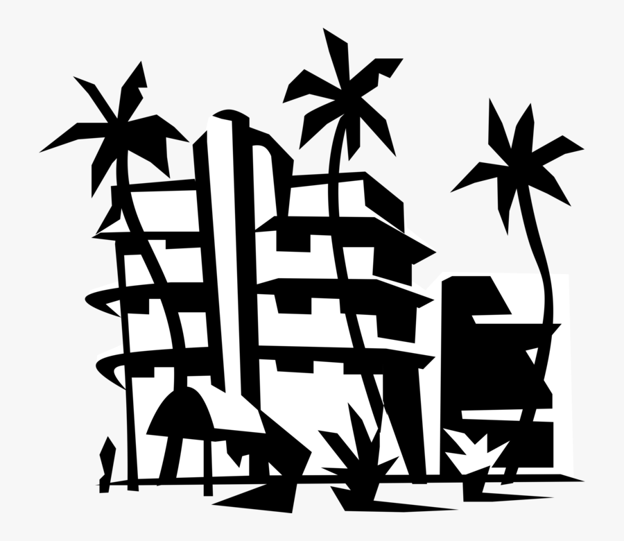 Vector Illustration Of Miami Beach Resort Hotel With - Resort Clipart Black And White, Transparent Clipart