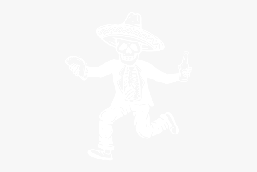 Cartoon Skeleton In Mexican Attire Holding A Taco - Illustration, Transparent Clipart