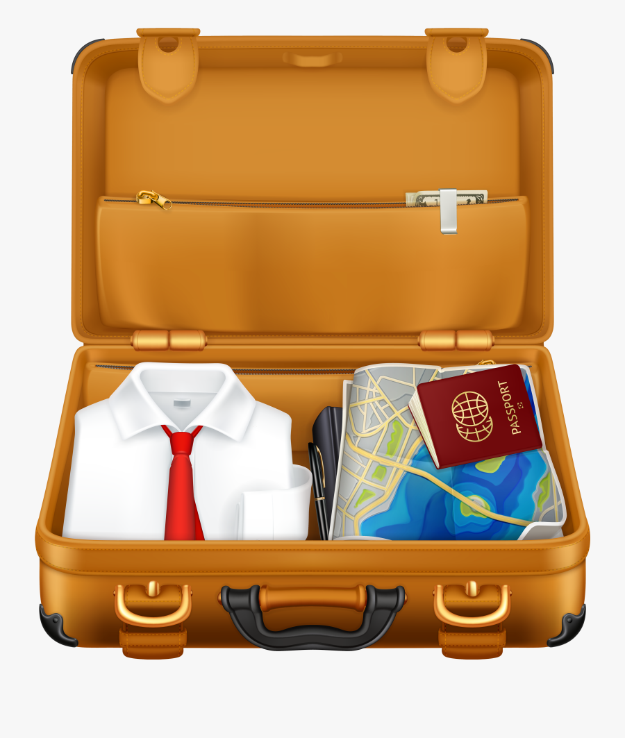 Brown Suitcase With Clothes And Passport Png Clipart - Suitcase Clipart, Transparent Clipart