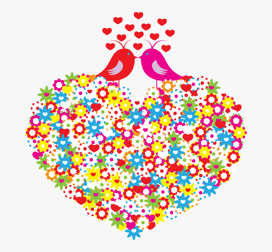 And Heart Shaped Pattern Flowers Birds Hand Painted - Valentines Love Birds, Transparent Clipart