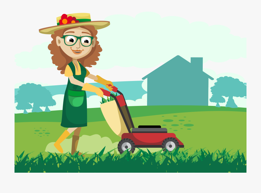 Repair Lawn Vector Woman Png Download - Cartoon Woman And A Lawn Mower, Transparent Clipart