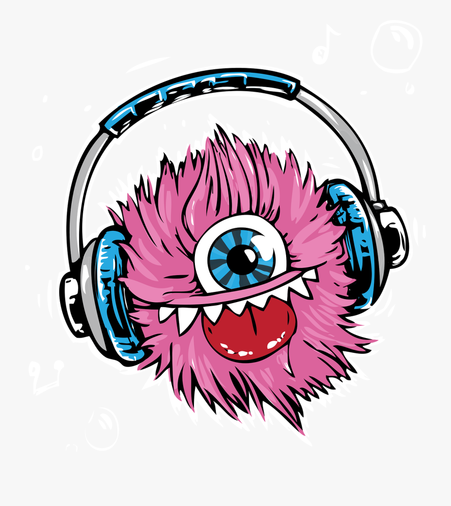 Monster, Headphones, Headset, Listen, Smile, Music - Monster With Headphones Clipart, Transparent Clipart