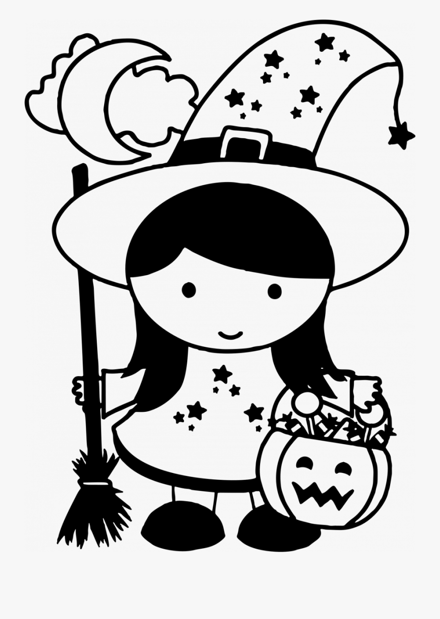 Witch Drawing Girl Cute Anime Hat And Broom Books - Halloween Black And White, Transparent Clipart