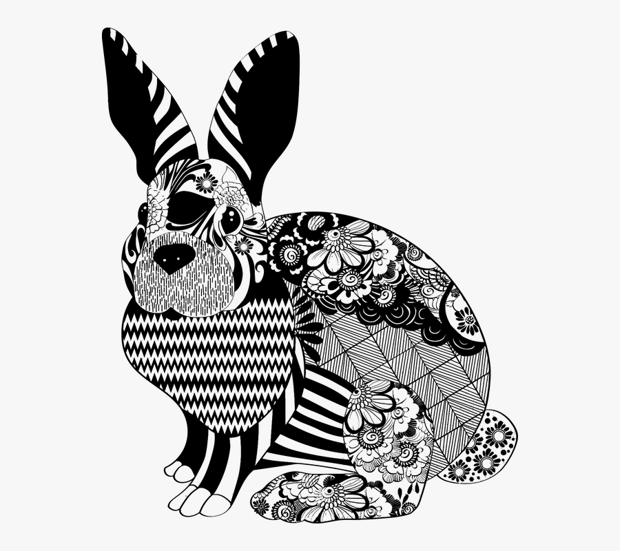 Floral, Flourish, Decorative, Ornamental, Rabbit - Easter Postcard Black And White, Transparent Clipart