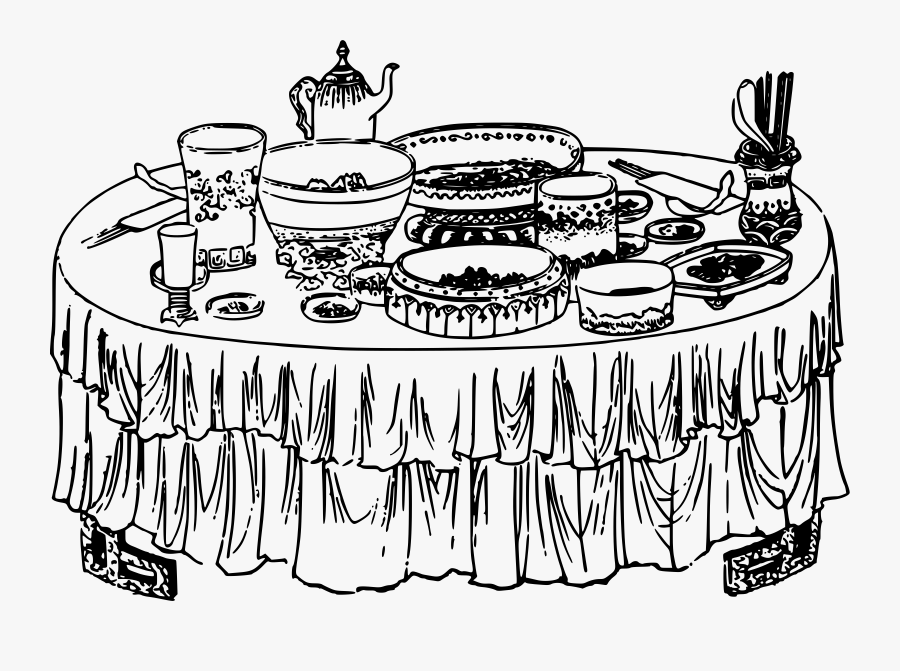 Transparent Thanksgiving Dinner Clipart Black And White - Table With Food Drawing, Transparent Clipart