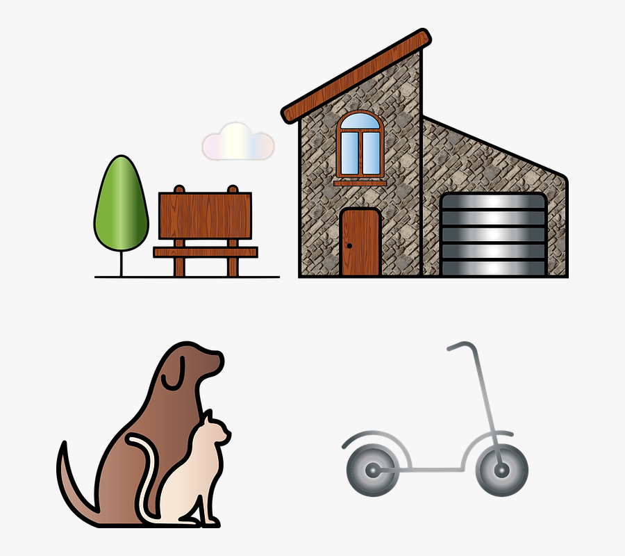 Stone House, Animals, Scooter, Tree, House, Evening - Cartoon, Transparent Clipart