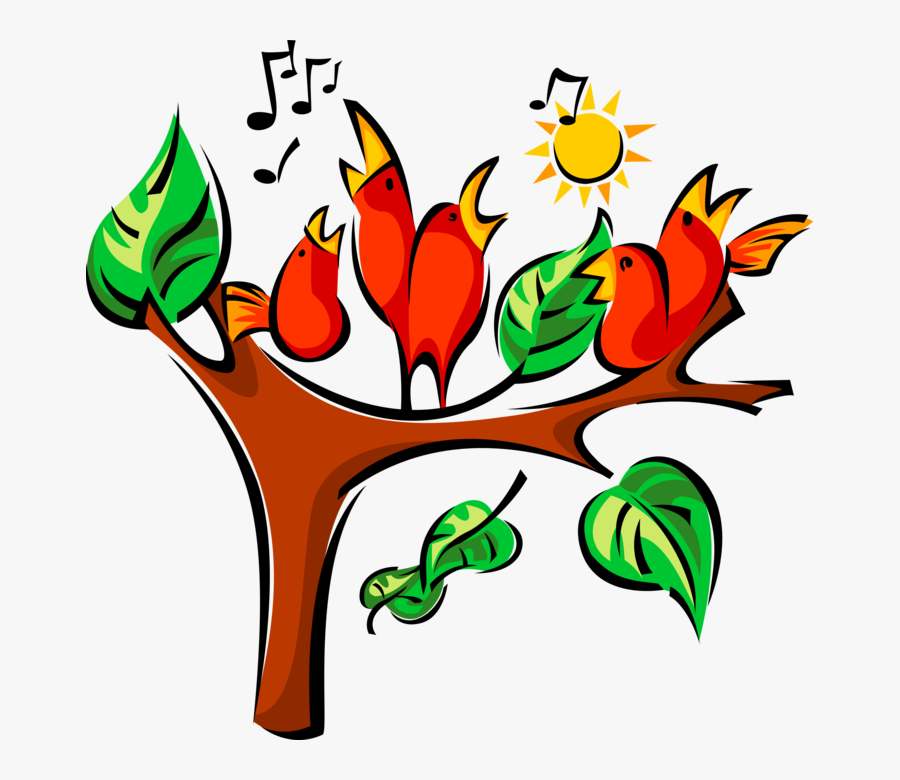 Vector Illustration Of Singing Birds Sing In Tree Under, Transparent Clipart