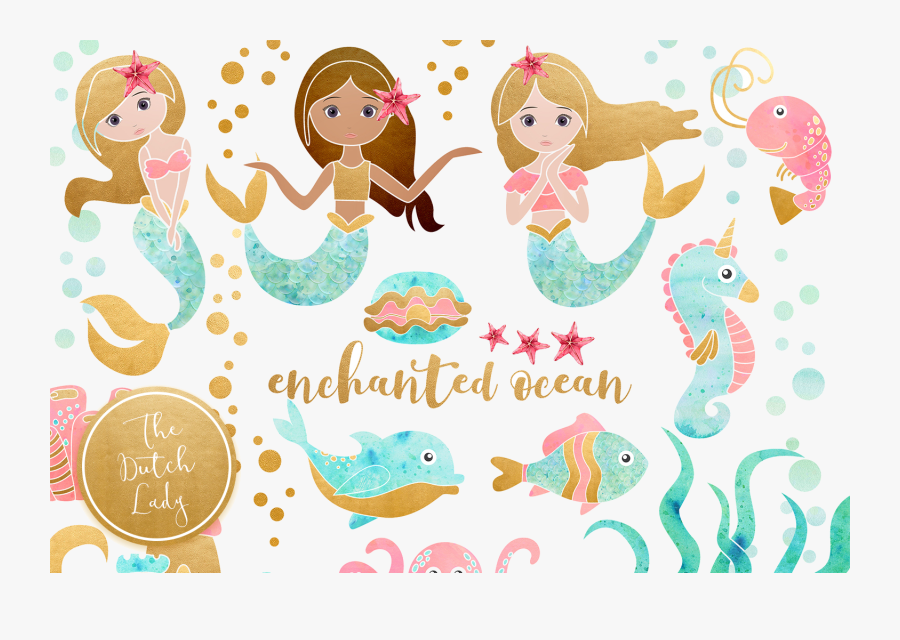 Ocean Enchanted Mermaid Clipart Set Transparent Png - High Resolution Mermaid Clip Art, Transparent Clipart