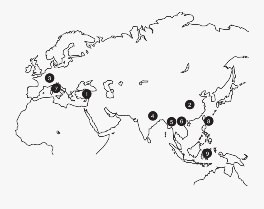 A Map Depicting Nine Possible Pig Domestication Centres - Line Art, Transparent Clipart