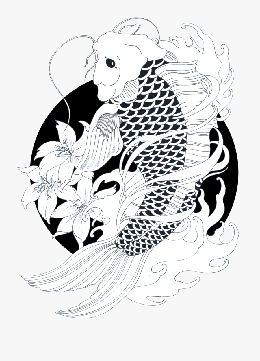 Transparent Japan Clipart Black And White - Black And White Koi Fish Drawing, Transparent Clipart