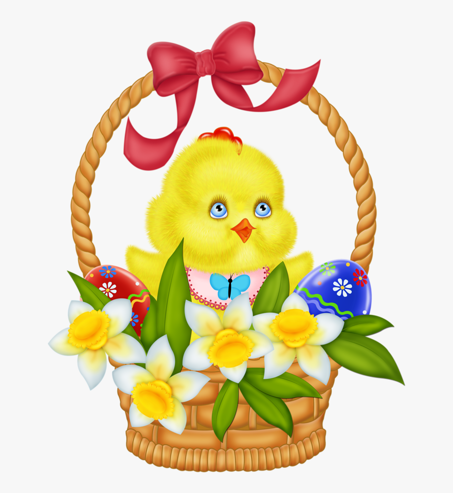 Easter Basket With Eggs Chicken And Daffodils Png Picture - Easter Chick Eg...