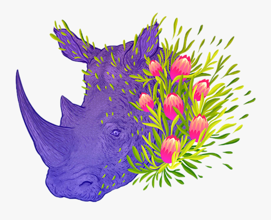 Rhino Rhinoceros Purple Flowers Floral - Editorial Illustration Endangered Animal, Transparent Clipart