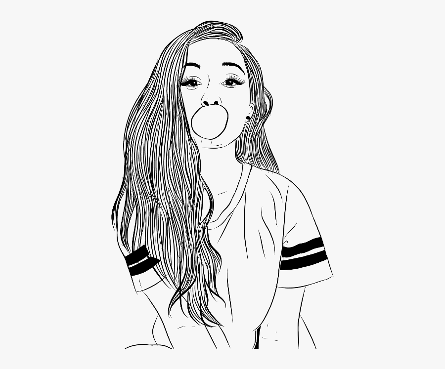 #bubblegum #chiclete #outline #tumblr - Black And White Girl Drawing, Transparent Clipart