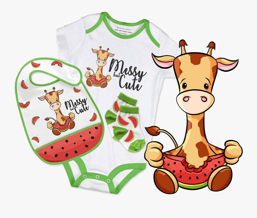 Messy But Cute Giraffee Baby Bodysuit, Socks And Bib, Transparent Clipart