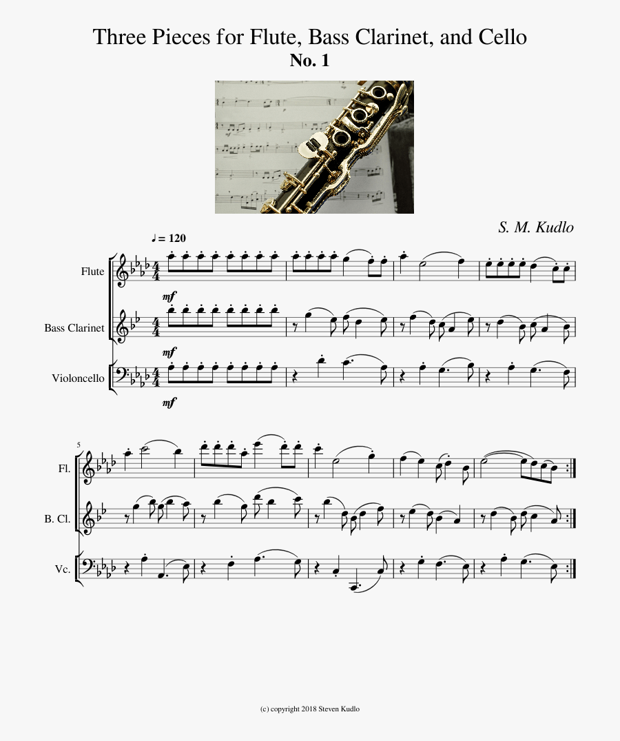 Three Pieces For Flute, Bass Clarinet, And Cello - Sheet Music, Transparent Clipart