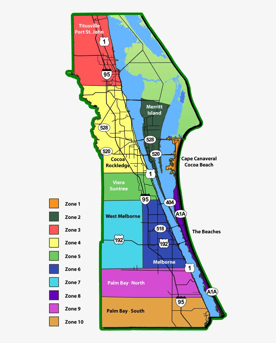 Brevard County Florida Map - Space Coast Zip Code Map, Transparent Clipart