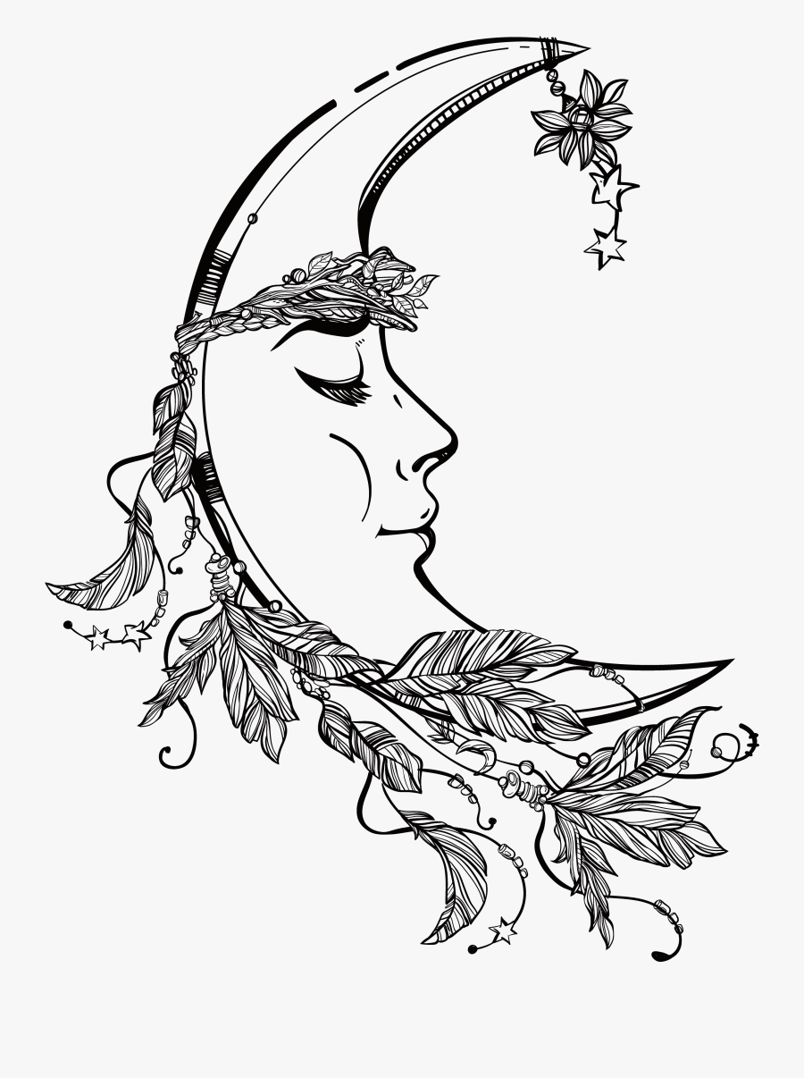 Clip Black And White Crayons Drawing Moon Illustration- - Crescent Moon Face Illustration, Transparent Clipart